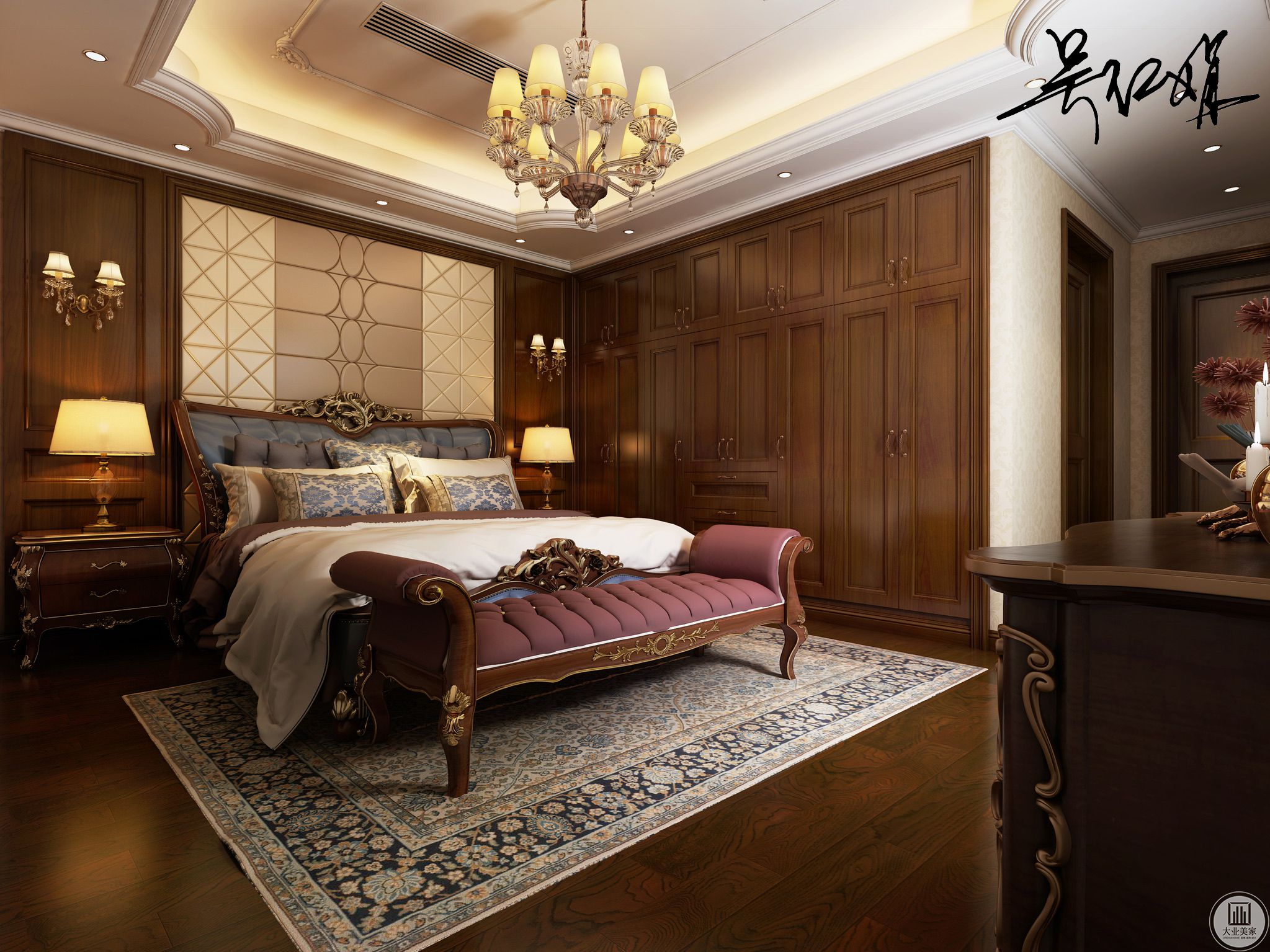  卧室温暖的木饰墙面结合风格很强的墙纸和软包，空间显得特别的温柔。