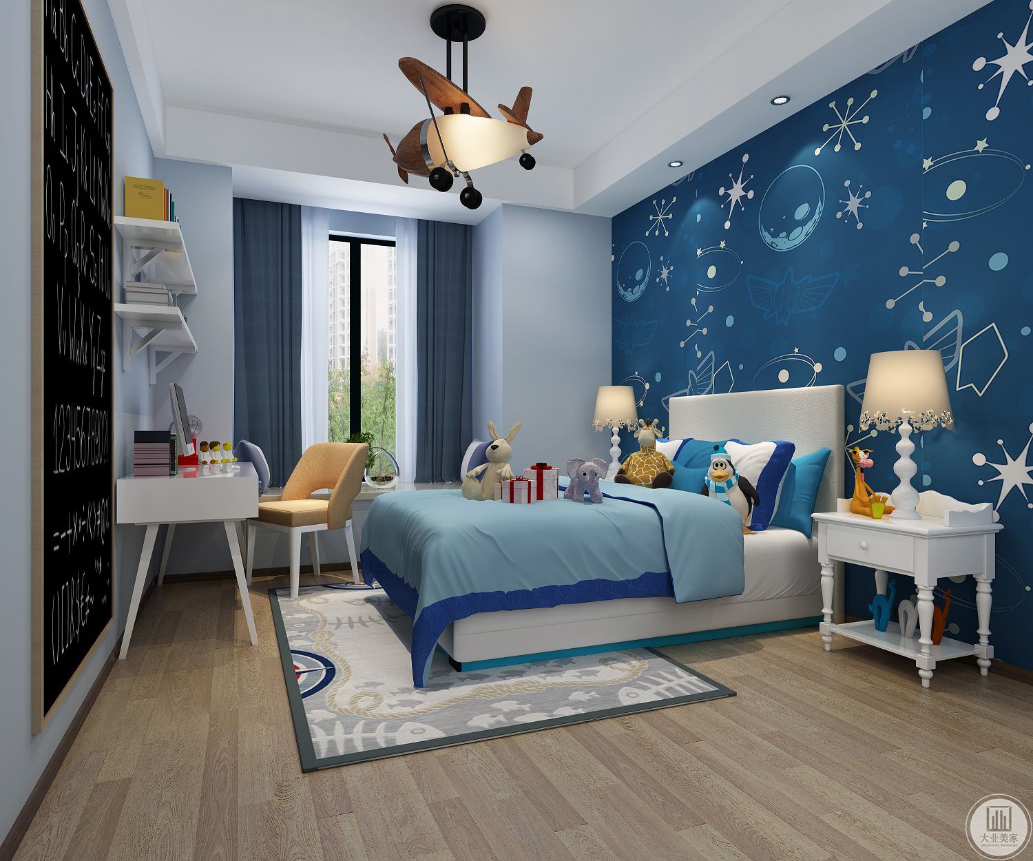 次卧是一个儿童房，功能性和收纳性都很强。主色调采用了蓝色，舒适活泼。
