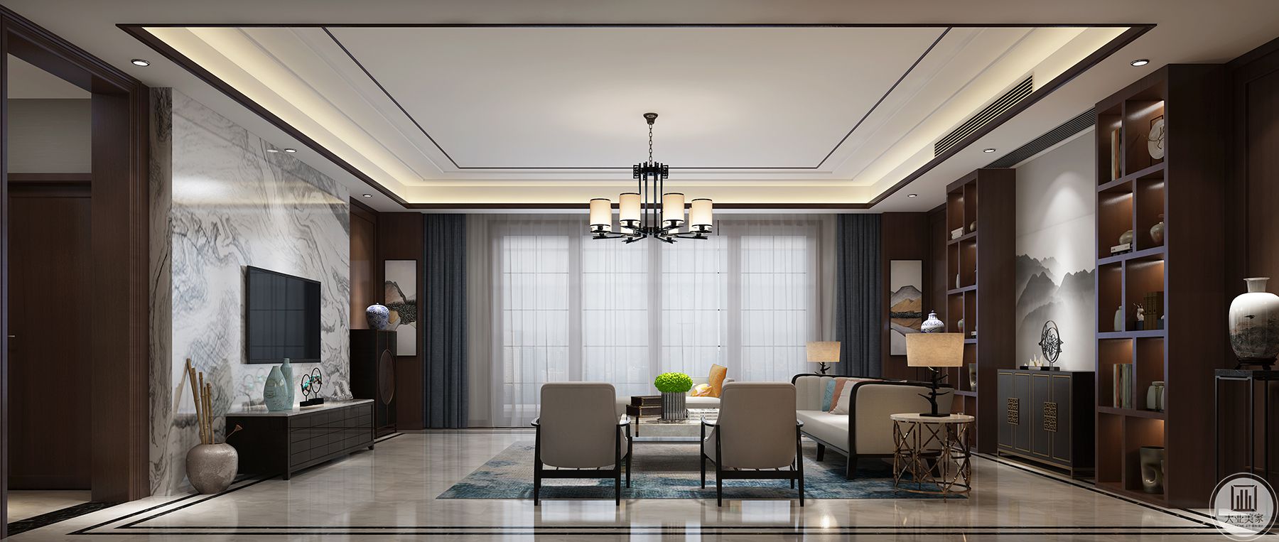 客厅具有内蕴的风格，颜色仍然体现着中式的古朴，传统中透着现代，现代中揉着古典。