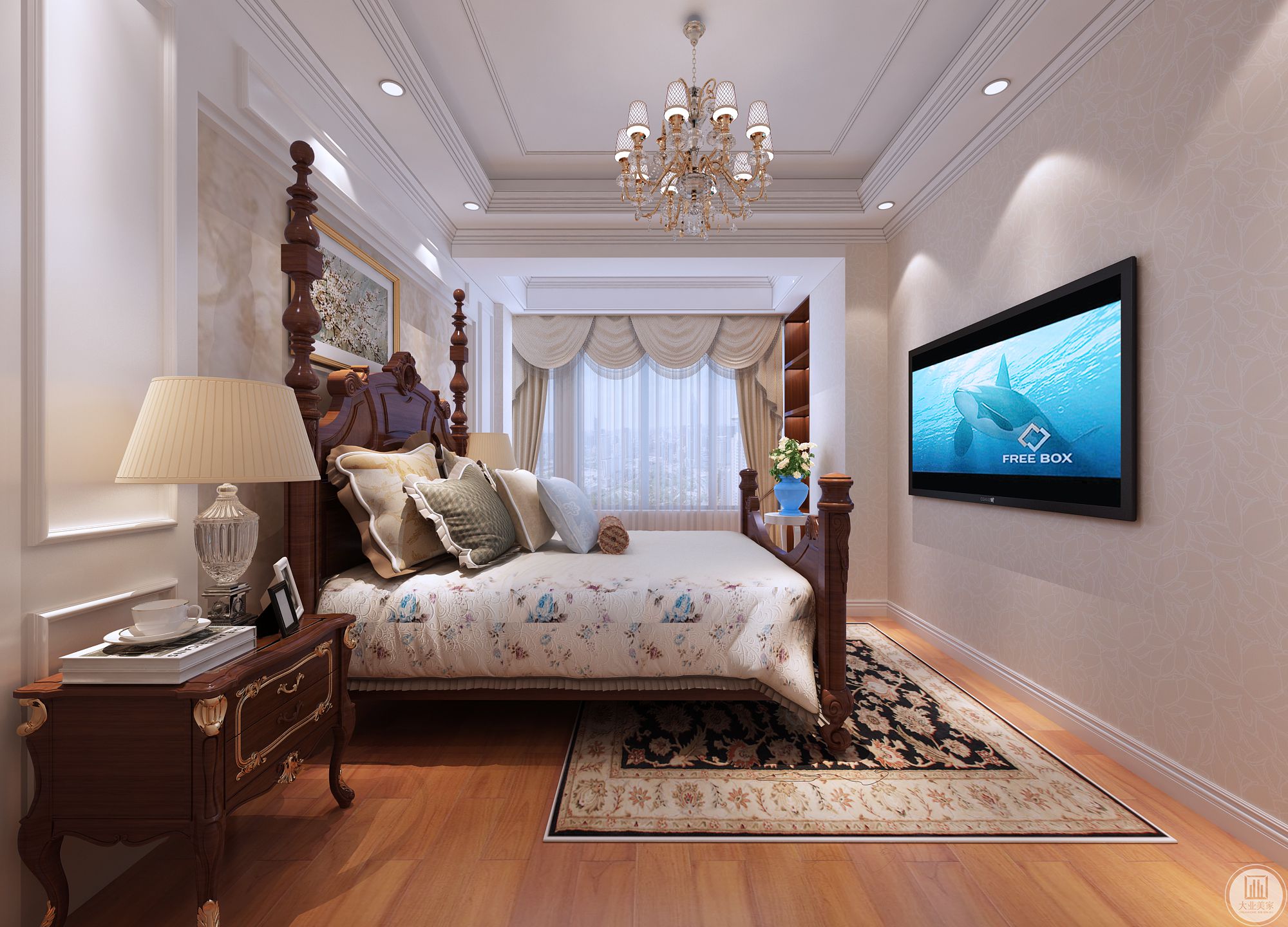 大气舒适的床，暖色壁纸， 卧室雅致而静谧，使空间饱满舒适。 经典的简欧家具提升了整个睡眠空间的品质感。