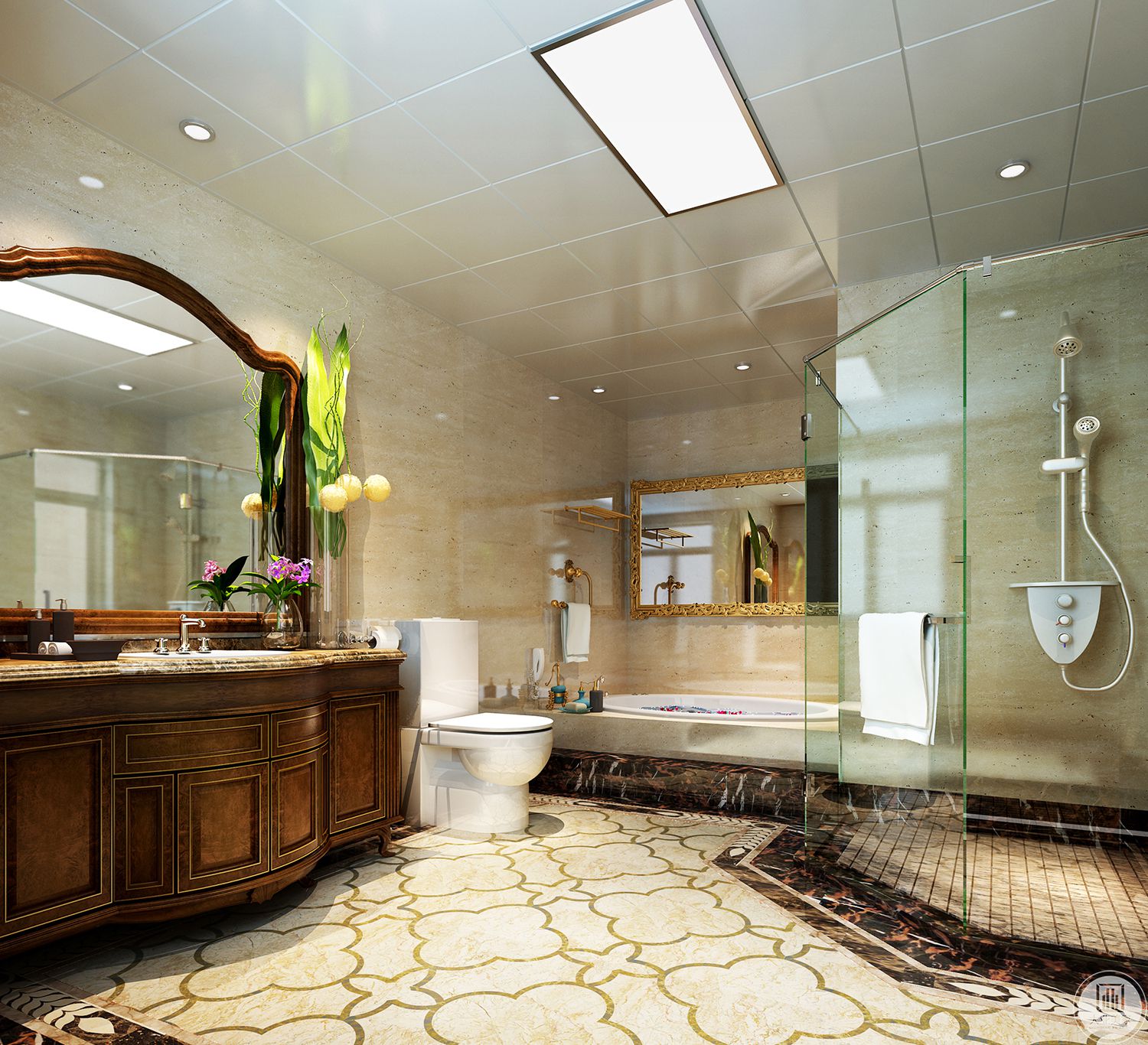 ​卫浴采用的是简单的白色调，地板与墙则采用了柔和的金色，壁画和绿色盆栽则避免了单调，是一种很干净的感觉。