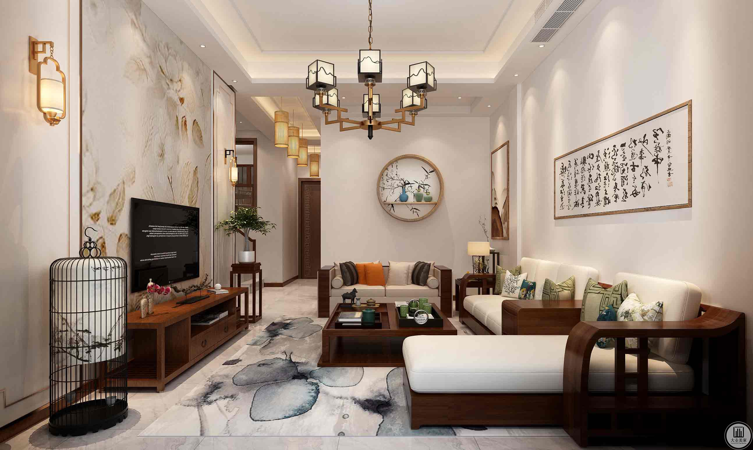 客厅沙发与电视背景分别为主题色白与柚木色，强烈反差拉出空间层次感。