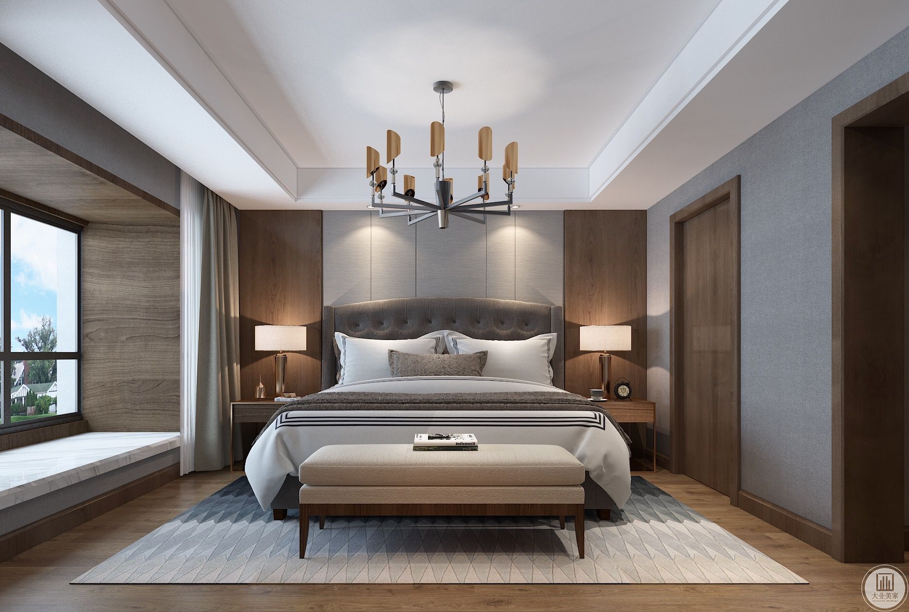 卧室，卧室也装饰得超级简单，木地板和床，简洁的天花板形状，看起来很温馨，而别致的床头背景墙。