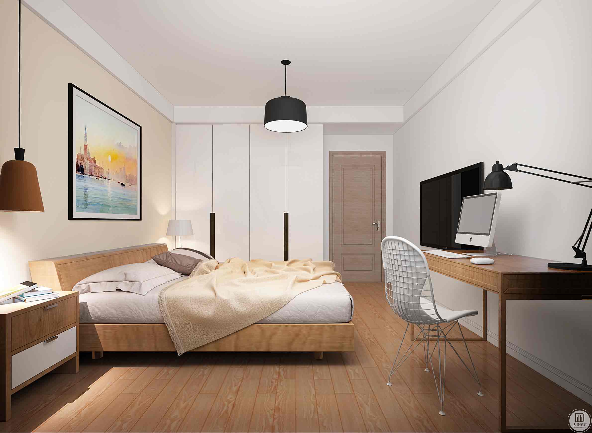 主卧室的地板和家具主要是选择原木质地的，这样看起来更柔柔和，整体也更加美观
