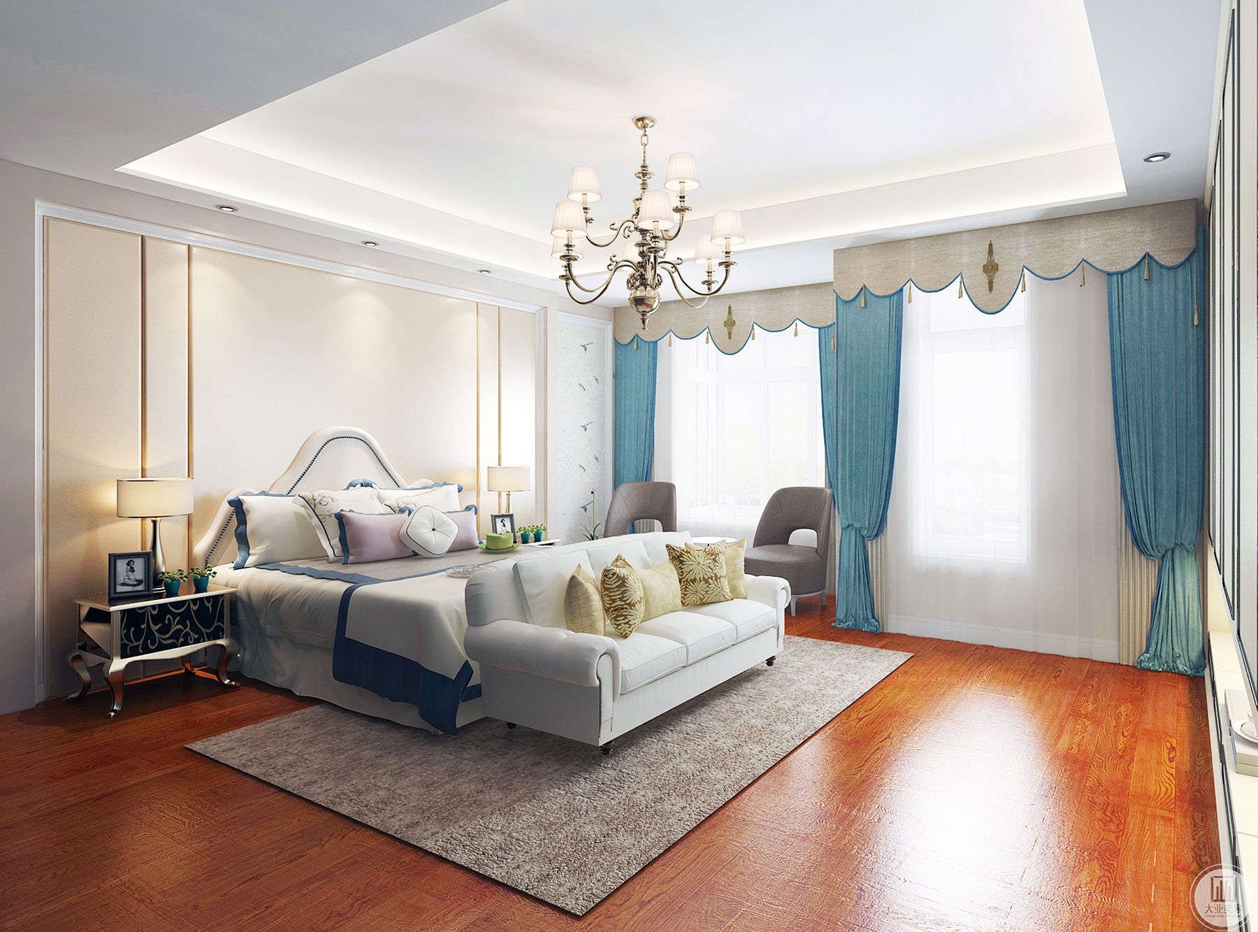 轻松宁静的白色调。简单的木色地板和欧式床头柜使整个空间温暖。