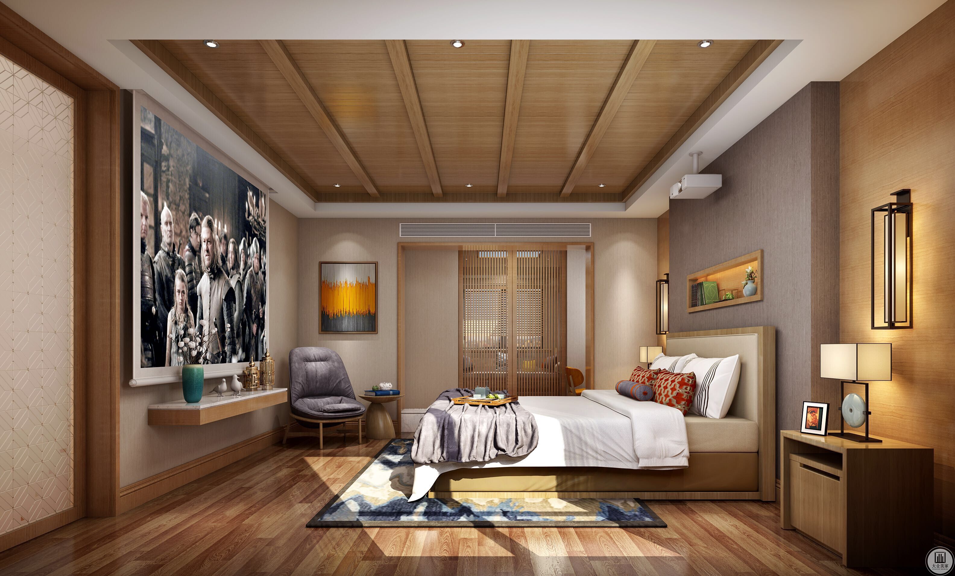 卧室设计通过暖墙纸，空间将至关重要。顶面采用木贴面天花处理，增强视觉效果，同时配合定制家具配套。地板铺上暖色系地板，增加卧室的安静舒适感。