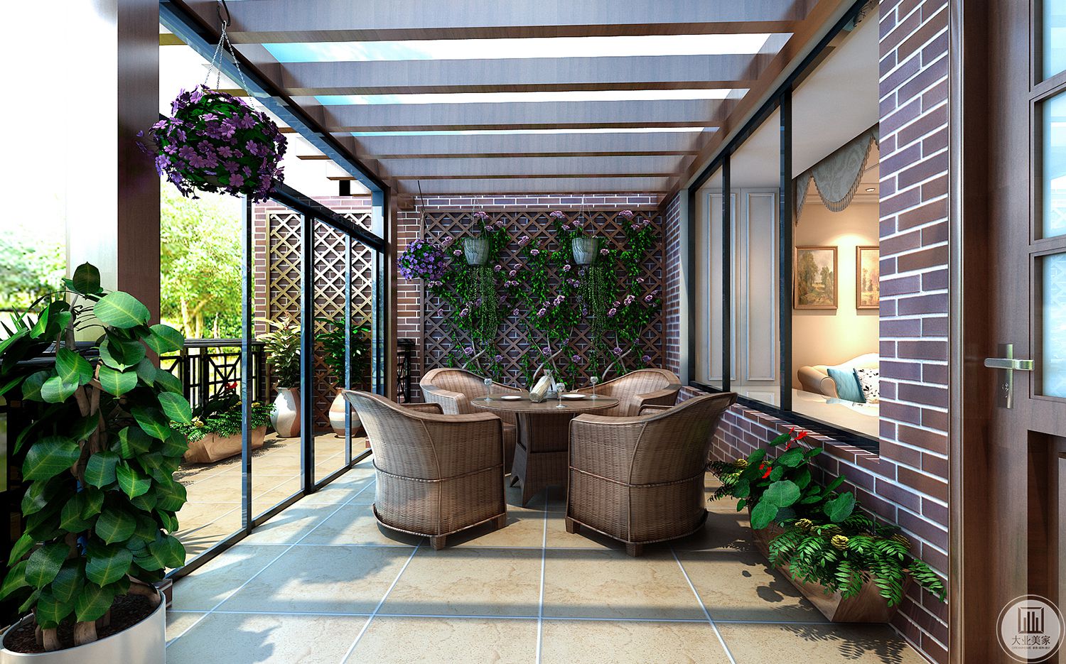 阳台采用木质桌椅和浅灰色地砖，为家庭营造田园诗般的氛围。绿色植物与户外相互映衬，给人一种清新自然的感觉。