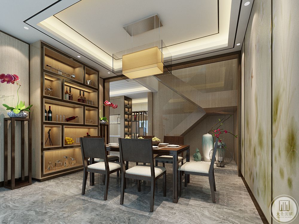 餐厅跟客厅选用同一个地砖铺贴整体性一致，原木色的餐边柜增加了储物功能也带有一些艺术装饰作用。搭配一个方形吊灯突出中式风格元素。
