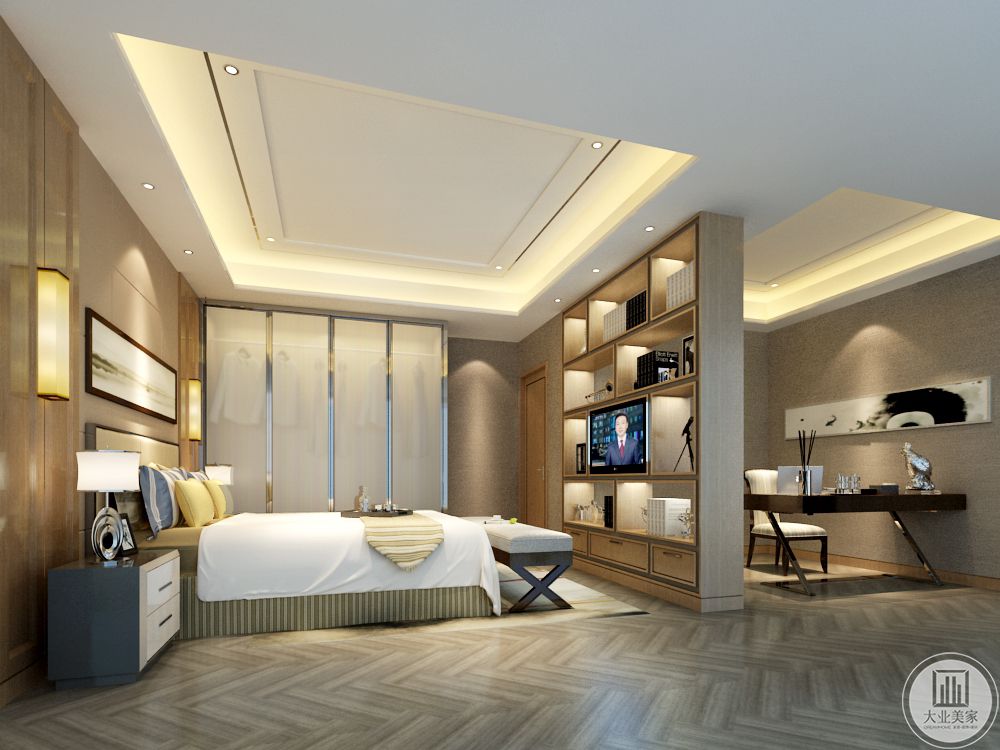 卧室选用原木色带纹路的地板，米黄色的软包做床头背景，还有两边的床头壁灯也是与中间的山水画以及黄色床品相呼应，都是新中式风格中比较常见的元素；