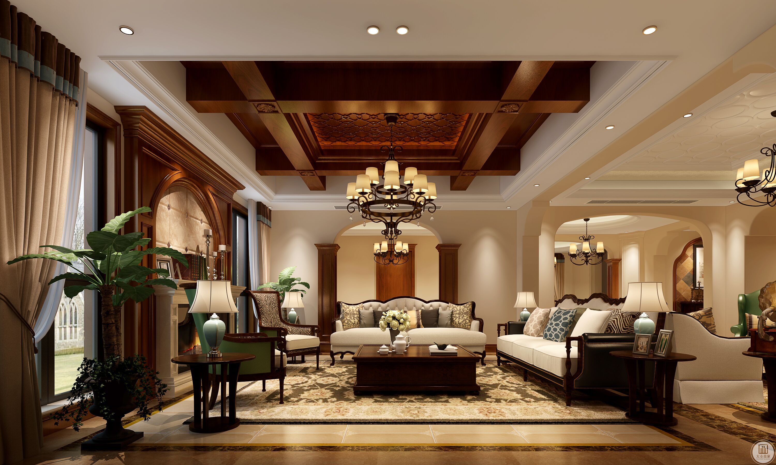 客厅采用罗马柱进行装修设计，如相邻空间的分隔可采用罗马桶设计。尤其是墙壁和天花板的装饰设计，可以增强层次感。