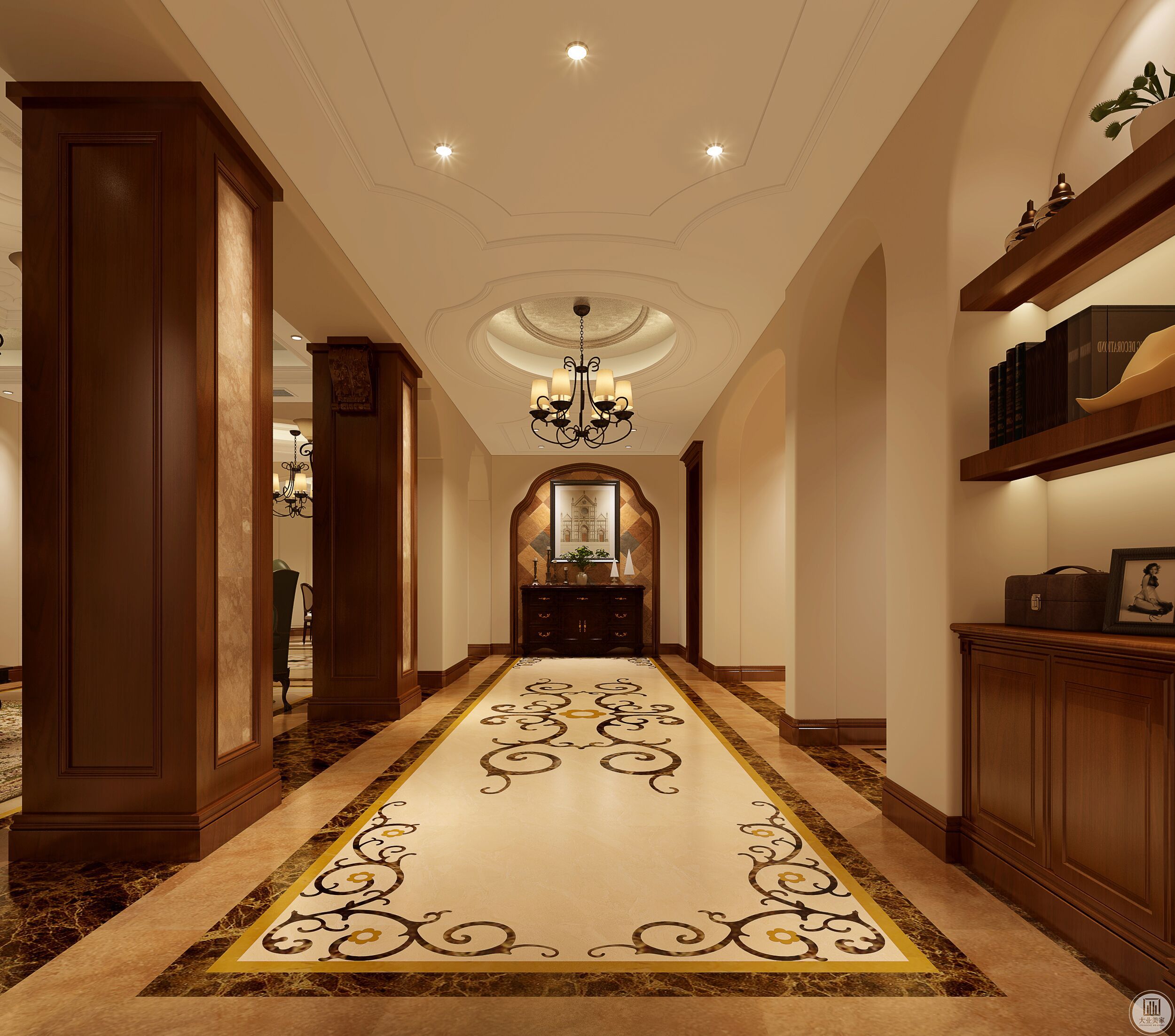 非常时尚和气氛的门廊，一个美式复古半高的柜子与花色瓷砖一起，是展现美式时尚的古典气息。