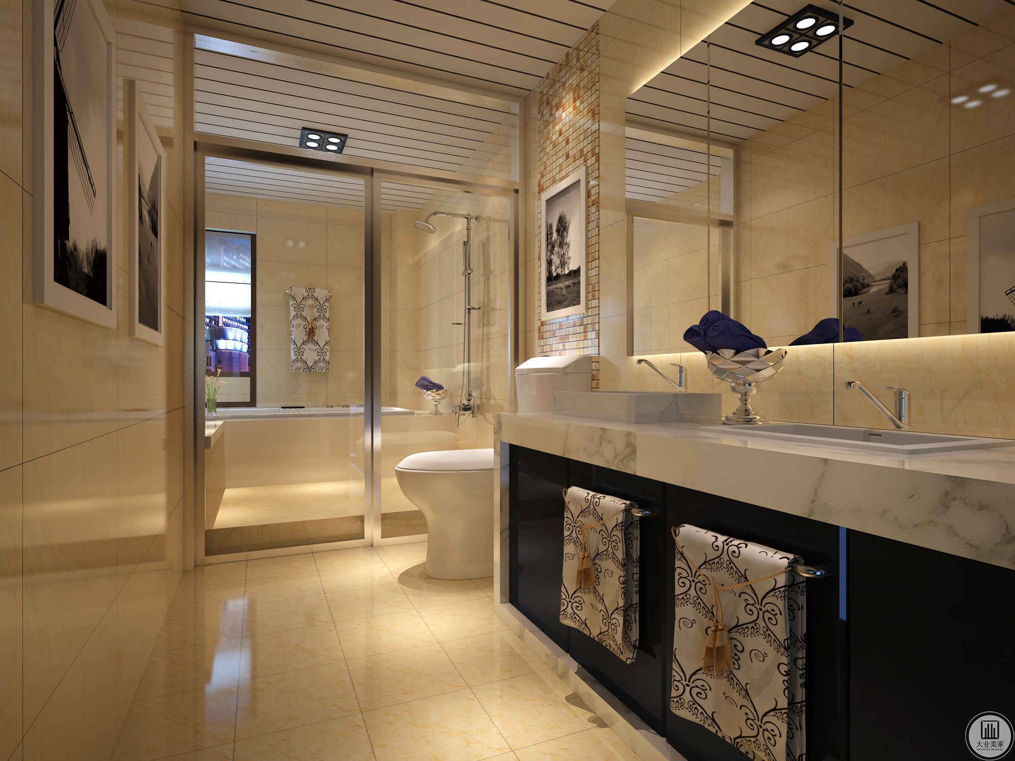 浴室采用干湿分离，地面铺白色地砖，花纹较浅。洗脸台的设计是独立在浴室外，更方便日常使用。