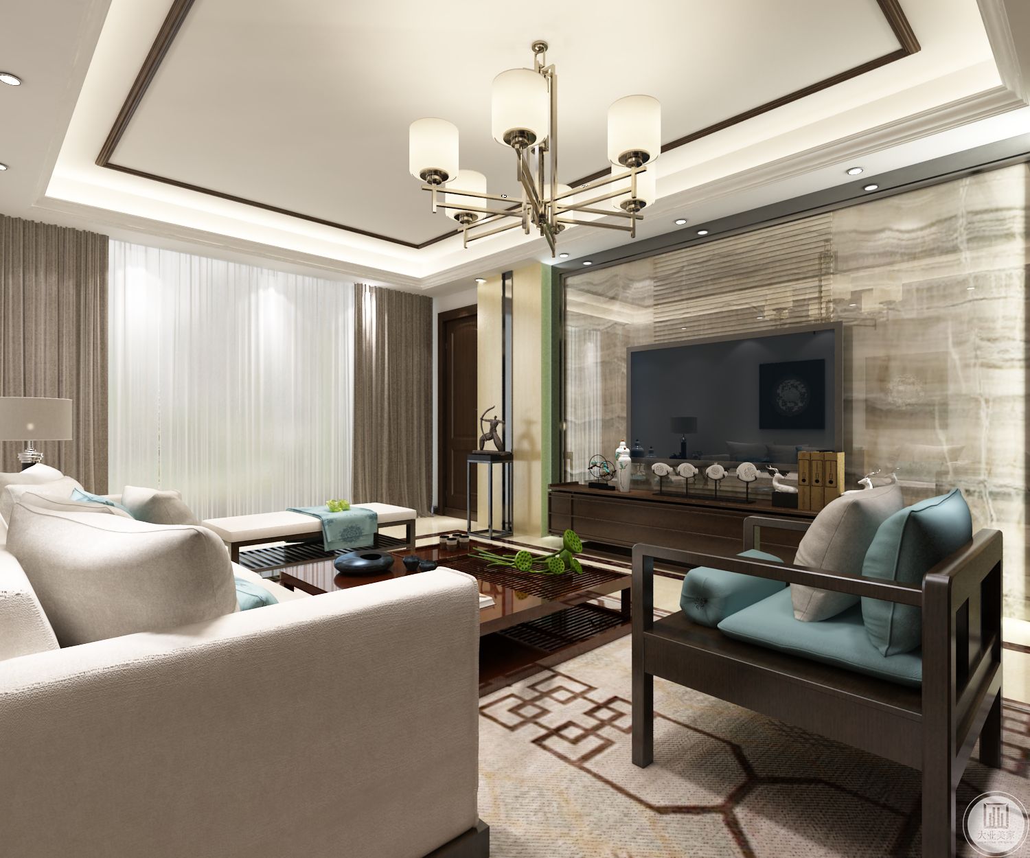 客厅采用新的中国古典色彩搭配。白布沙发和新中式实木椅，用白和黑增加空间的层次感。