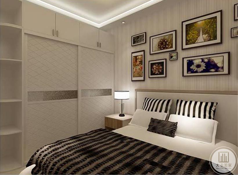 卧室整体色调继承了客厅主色调白色的优雅与奢华，以及背景墙上几幅简洁的装饰，白色柜体又实用又带有一定装饰性。