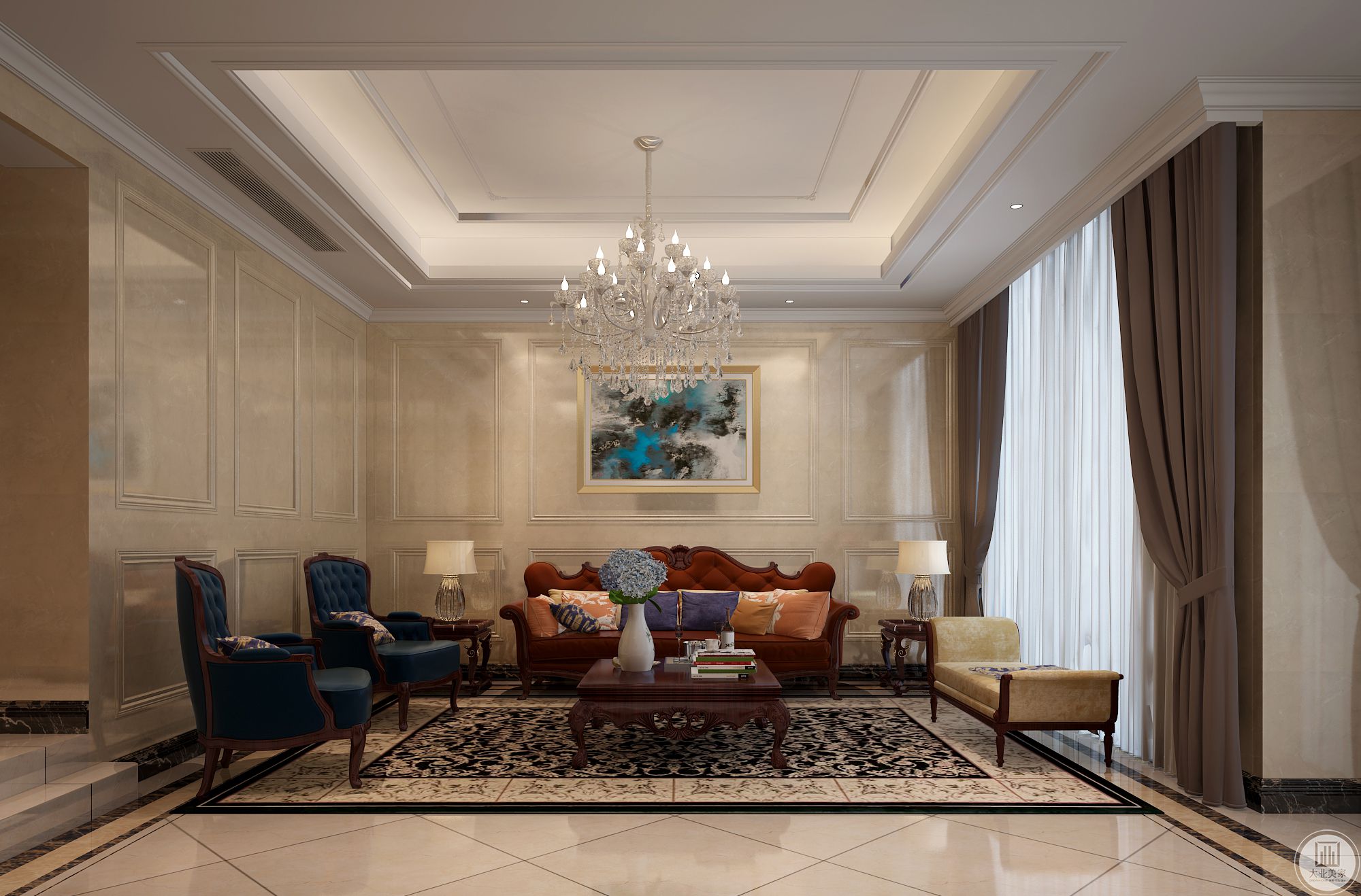客厅红色的布艺沙发，让人感觉特别优雅、柔软。在客厅空间里白色素雅，蓝色的沙发非常跳跃，充满古典迷人的氛围。