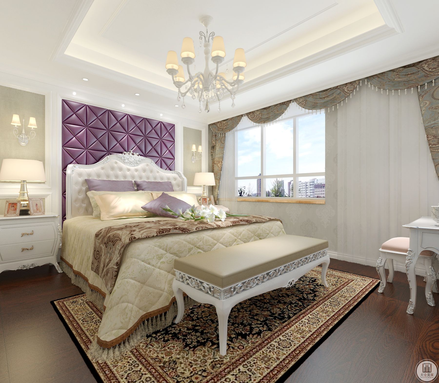 床头背景墙又是一处与客厅元素的类似，紫色的软包装饰搭配更淡的浅白色墙面不会显得沉闷。欧式的床头柜家具等，制造惬意浪漫也很简单。