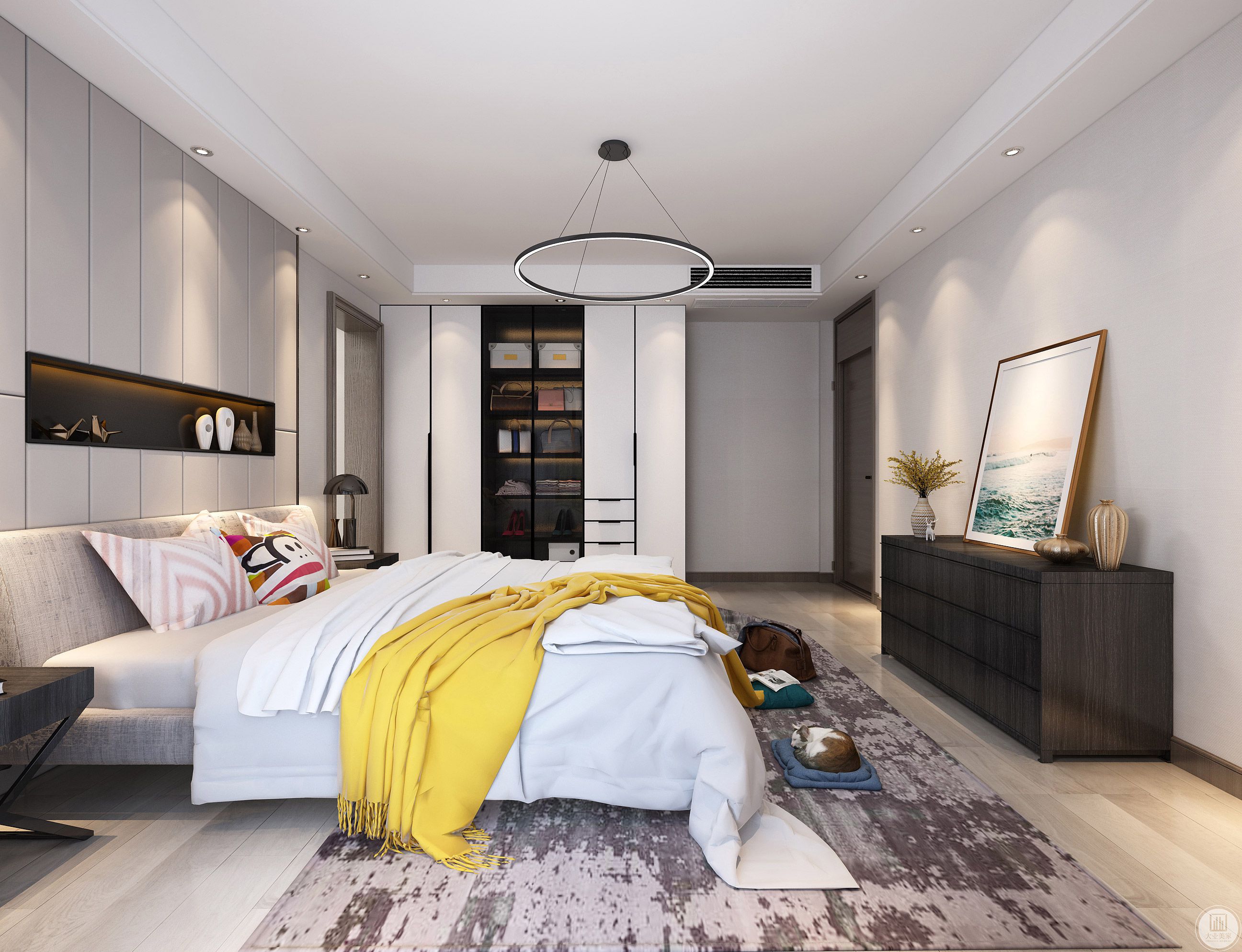 卧室采光良好，舒适透明，为了方便使用橱柜根据业主的习惯设计，叠放空间比较多，力求创造一个舒适的生活空间。