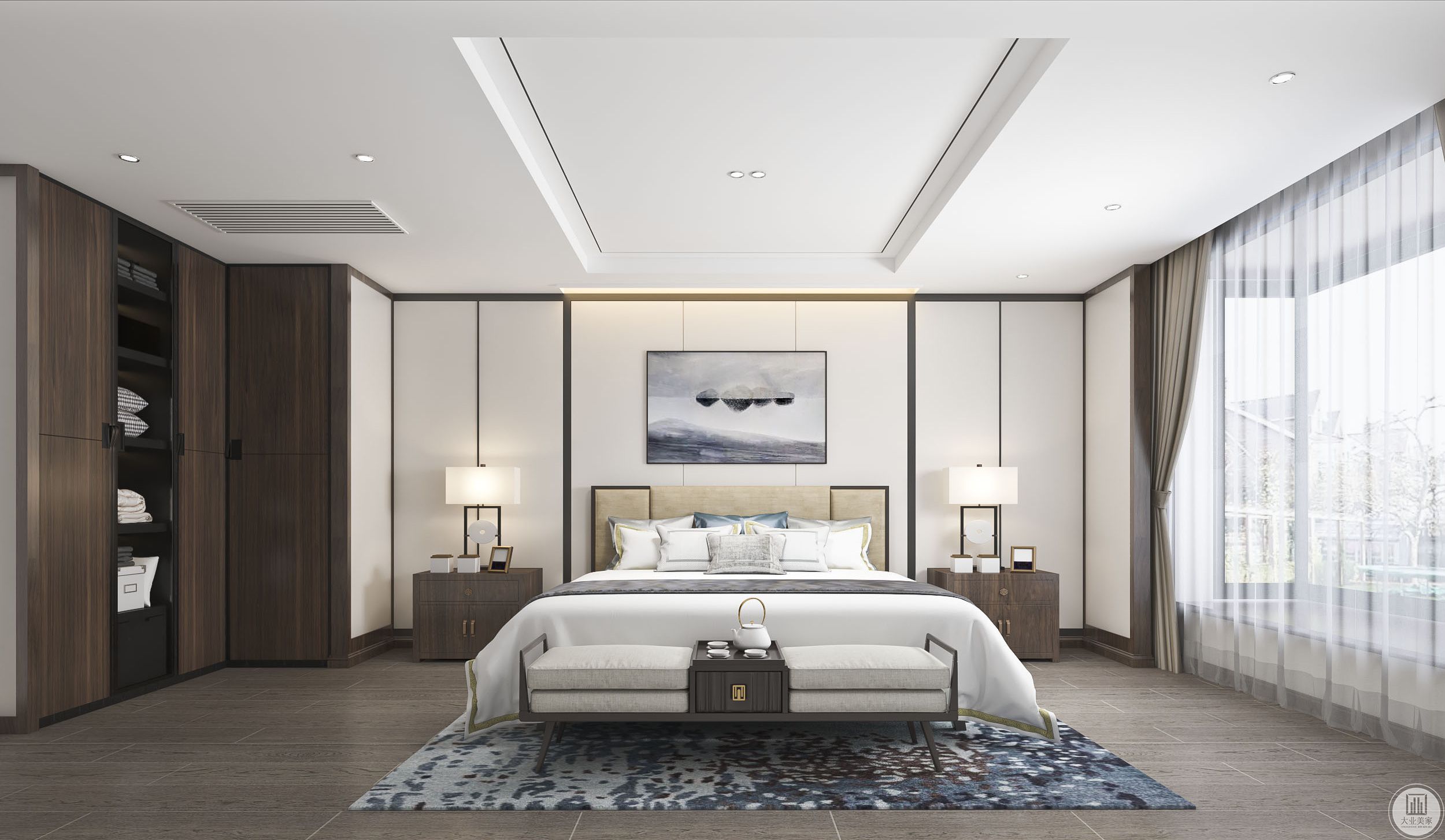 卧室内的木饰面和中式画墙纸设计，这样空间中有浓浓的中式典雅韵味，在视觉效果也营造了极美的意境。