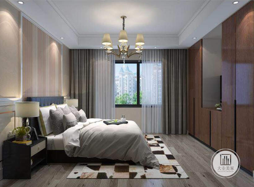 卧室以棕色主色调，床头背景墙使用了护墙板的表现形式。另一面做了衣柜，一个嵌入式的电视背景墙更显和谐