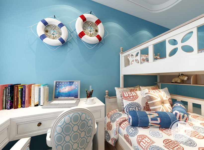 儿童房的布局与客厅风格相同，还是采用了纯蓝白搭配，不同色调的蓝色，使空间层次更加丰富。