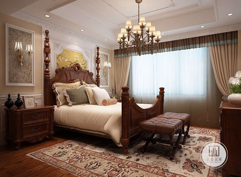 美式床采用实木、樱桃木纹理，美观典雅，原木质地和樱桃木色调稍深，自带的气质和复古气息。